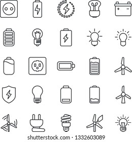 Thin Line Icon Set - bulb vector, battery, low, protect, charge, windmill, socket, power plug, energy saving, idea