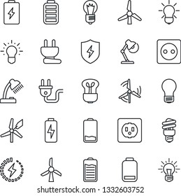 Thin Line Icon Set - bulb vector, battery, low, protect, charge, desk lamp, windmill, socket, power plug, energy saving, idea