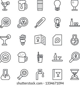 Thin Line Icon Set - bulb vector, thermometer, heart diagnostic, fragile, document search, water supply, estate, alcohol, wine card, drink, cocktail, phyto bar, beer, energy saving, consumer, money