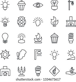 Thin Line Icon Set - bulb vector, fire, sun, garden light, eye, traffic, brightness, fireplace, candle, smoke detector, energy saving, outdoor lamp, shining head, idea, palm sproute