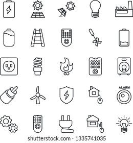 Thin Line Icon Set - bulb vector, ladder, fire, ripper, remote control, speaker, low battery, rca, protect, sun panel, factory, home, socket, power plug, energy saving, windmill, alarm led, gear