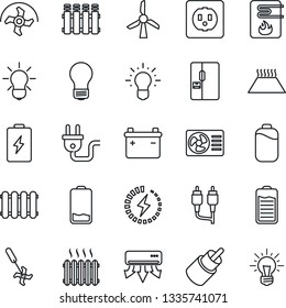 Thin Line Icon Set - bulb vector, ripper, battery, low, rca, charge, heater, fridge, socket, power plug, water, air conditioner, radiator, warm floor, windmill, idea
