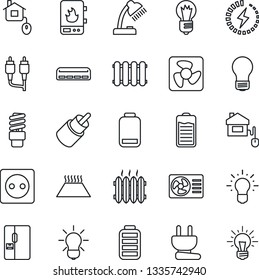 Thin Line Icon Set - bulb vector, battery, low, rca, charge, desk lamp, heater, air conditioner, fridge, home control, socket, power plug, fan, water, radiator, warm floor, energy saving, idea