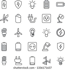 Thin Line Icon Set - bulb vector, battery, low, protect, charge, desk lamp, windmill, socket, power plug, energy saving, idea