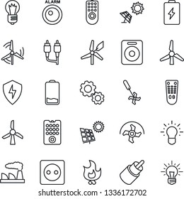 Thin Line Icon Set - bulb vector, factory, ripper, fire, remote control, speaker, low battery, rca, protect, sun panel, windmill, socket, alarm led, gear, idea