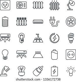 Thin Line Icon Set - bulb vector, battery, rca, charge, desk lamp, heater, air conditioner, socket, power plug, fan, radiator, warm floor, energy saving, idea