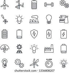 Thin Line Icon Set - bulb vector, factory, ripper, barbell, battery, low, protect, charge, windmill, sun panel, alarm led, gear, idea