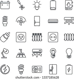Thin Line Icon Set - bulb vector, ripper, low battery, rca, charge, desk lamp, air conditioner, fridge, socket, water heater, radiator, warm floor, energy saving