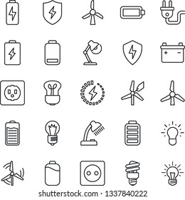 Thin Line Icon Set - bulb vector, battery, low, protect, charge, desk lamp, windmill, socket, power plug, energy saving, idea