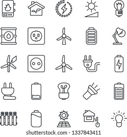 Thin Line Icon Set - bulb vector, oil barrel, battery, low, torch, brightness, charge, desk lamp, sun panel, windmill, home control, eco house, socket, power plug, water heater, radiator, idea