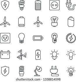 Thin Line Icon Set - bulb vector, battery, low, protect, charge, desk lamp, windmill, socket, power plug, energy saving, idea