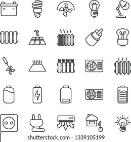 Thin Line Icon Set - bulb vector, ripper, battery, low, rca, charge, desk lamp, heater, air conditioner, home control, socket, power plug, radiator, warm floor, energy saving, idea