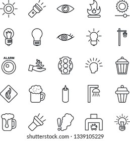 Thin Line Icon Set - bulb vector, fire, sun, garden light, eye, traffic, torch, brightness, fireplace, beer, candle, smoke detector, outdoor lamp, alarm led, palm sproute, shining head, idea