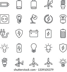 Thin Line Icon Set - bulb vector, battery, low, protect, charge, desk lamp, windmill, socket, power plug, energy saving, idea