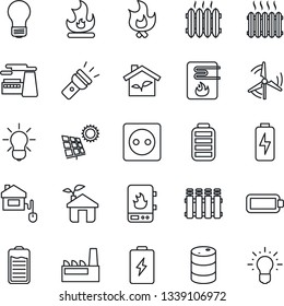 Thin Line Icon Set - bulb vector, factory, fire, oil barrel, battery, torch, charge, sun panel, windmill, heater, home control, eco house, socket, water, radiator, idea