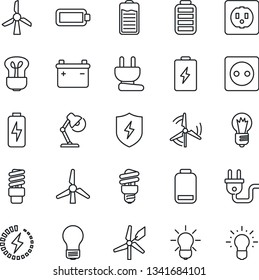 Thin Line Icon Set - bulb vector, battery, low, protect, charge, desk lamp, windmill, socket, power plug, energy saving, idea