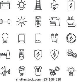 Thin Line Icon Set - bulb vector, factory, ladder, fire, barbell, remote control, low battery, rca, protect, charge, sun panel, windmill, power plug, energy saving, alarm led, gear, idea