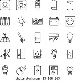 Thin Line Icon Set - bulb vector, ripper, low battery, rca, charge, air conditioner, fridge, socket, fan, water heater, radiator, warm floor, energy saving, windmill, idea