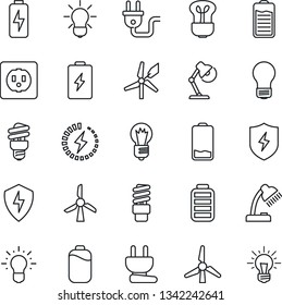 Thin Line Icon Set - bulb vector, battery, low, protect, charge, desk lamp, windmill, socket, power plug, energy saving, idea