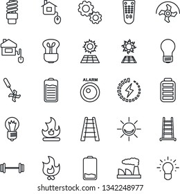 Thin Line Icon Set - bulb vector, factory, ripper, ladder, fire, barbell, remote control, battery, low, charge, sun panel, home, energy saving, alarm led, gear, idea