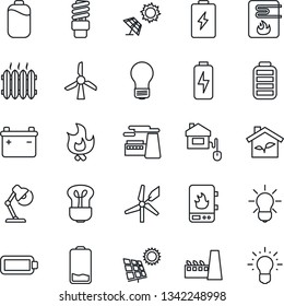 Thin Line Icon Set - bulb vector, factory, fire, battery, low, charge, desk lamp, sun panel, heater, home control, eco house, water, energy saving, windmill, idea