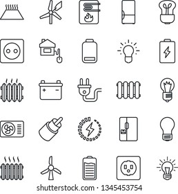 Thin Line Icon Set - bulb vector, battery, low, rca, charge, heater, air conditioner, fridge, home control, socket, power plug, water, radiator, warm floor, windmill, idea