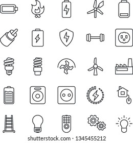 Thin Line Icon Set - bulb vector, ripper, ladder, fire, barbell, speaker, battery, low, rca, protect, charge, factory, home control, socket, remote, energy saving, windmill, gear, idea