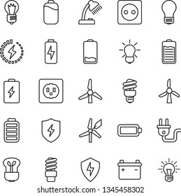 Thin Line Icon Set - bulb vector, battery, low, protect, charge, desk lamp, windmill, socket, power plug, energy saving, idea