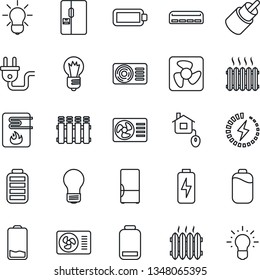 Thin Line Icon Set - bulb vector, battery, low, rca, charge, heater, air conditioner, fridge, home control, power plug, fan, water, radiator, idea