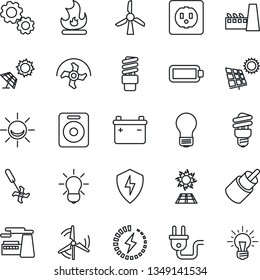 Thin Line Icon Set - bulb vector, factory, ripper, fire, speaker, rca, protect, battery, charge, sun panel, windmill, socket, power plug, energy saving, alarm led, gear, idea