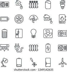 Thin Line Icon Set - bulb vector, ripper, battery, low, charge, desk lamp, air conditioner, fridge, home control, power plug, fan, water heater, radiator, energy saving, windmill