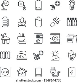 Thin Line Icon Set - bulb vector, factory, fire, oil barrel, battery, low, torch, brightness, desk lamp, sun panel, home control, eco house, socket, power plug, water heater, radiator