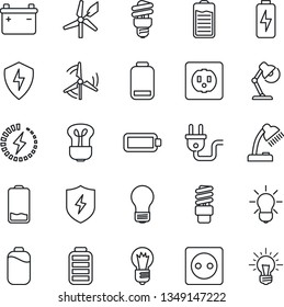 Thin Line Icon Set - bulb vector, battery, low, protect, charge, desk lamp, windmill, socket, power plug, energy saving, idea