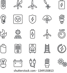 Thin Line Icon Set - bulb vector, ripper, ladder, fire, speaker, rca, protect, battery, charge, sun panel, windmill, socket, remote control, energy saving, alarm led, gear
