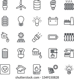 Thin Line Icon Set - bulb vector, factory, oil barrel, battery, torch, sun panel, windmill, heater, home control, eco house, socket, water, radiator, energy saving, idea