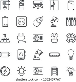 Thin Line Icon Set - bulb vector, battery, low, rca, charge, desk lamp, air conditioner, fridge, socket, power plug, fan, water heater, radiator, warm floor, energy saving, idea