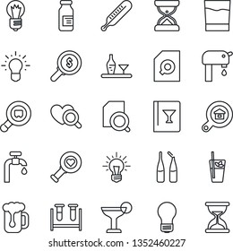 Thin Line Icon Set - bulb vector, blood test vial, thermometer, heart diagnostic, ampoule, search cargo, document, water supply, estate, alcohol, wine card, drink, cocktail, phyto bar, beer, money