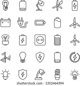 Thin Line Icon Set - bulb vector, battery, low, protect, charge, desk lamp, windmill, socket, power plug, energy saving, idea
