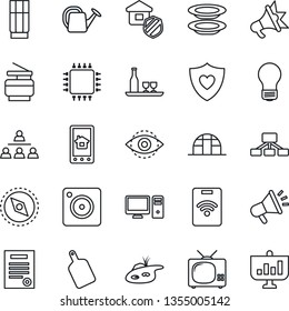 Thin Line Icon Set - bulb vector, watering can, greenhouse, heart shield, mobile camera, compass, eye id, copier, hierarchy, contract, pond, tv, estate insurance, alcohol, drink, plates, chip, pc