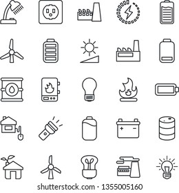 Thin Line Icon Set - bulb vector, factory, fire, oil barrel, battery, low, torch, brightness, charge, desk lamp, windmill, home control, eco house, socket, water heater, idea