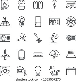 Thin Line Icon Set - bulb vector, ripper, low battery, charge, desk lamp, air conditioner, fridge, home control, power plug, fan, water heater, radiator, warm floor, windmill