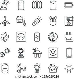 Thin Line Icon Set - bulb vector, fire, oil barrel, battery, low, torch, charge, desk lamp, windmill, home control, eco house, socket, power plug, water heater, radiator, sun panel, idea