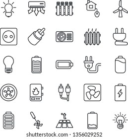 Thin Line Icon Set - bulb vector, ripper, battery, low, rca, heater, air conditioner, home control, socket, power plug, fan, water, radiator, warm floor, windmill, idea
