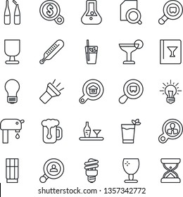 Thin Line Icon Set - bulb vector, thermometer, ampoule, fragile, search cargo, torch, document, water supply, estate, client, alcohol, wine card, drink, cocktail, phyto bar, beer, energy saving