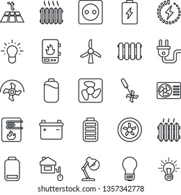 Thin Line Icon Set - bulb vector, ripper, battery, low, charge, desk lamp, heater, home control, socket, power plug, fan, water, air conditioner, radiator, warm floor, windmill, idea