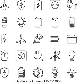 Thin Line Icon Set - bulb vector, battery, low, protect, charge, desk lamp, windmill, socket, power plug, energy saving, idea