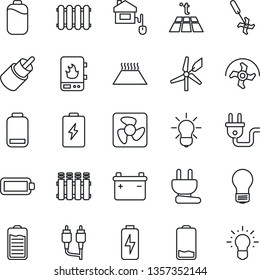 Thin Line Icon Set - bulb vector, ripper, battery, low, rca, charge, home control, power plug, fan, water heater, radiator, warm floor, windmill, idea
