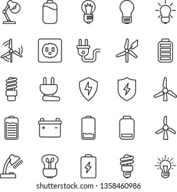 Thin Line Icon Set - bulb vector, battery, low, protect, desk lamp, windmill, socket, power plug, energy saving, idea