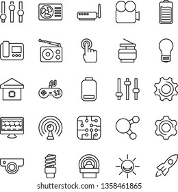 Thin Line Icon Set - bulb vector, monitor pulse, tomography, radio, antenna, gamepad, settings, video camera, touch screen, share, battery, low, tuning, copier, smart home, chip, router, web, rocket