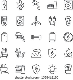 Thin Line Icon Set - bulb vector, factory, ladder, fire, barbell, remote control, speaker, low battery, rca, protect, charge, windmill, home, power plug